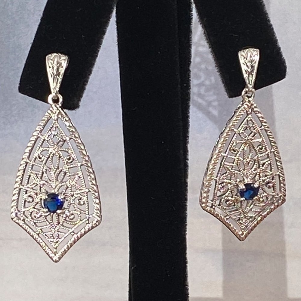 Blue Sapphire 925 Solid Sterling Silver Filigree Retro Art Deco Earrings